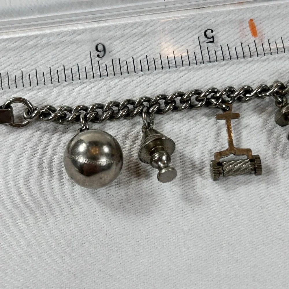 Vintage 1950 Charm Bracelet 11 Charms Travel Themed Silver Tone Clamp Soldier